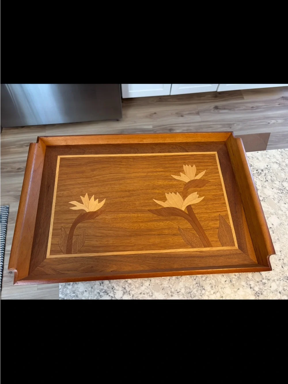 Wood Inlay Serving Tray with Floral Motif - Brown